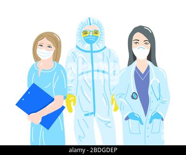 trois médecins en costumes et masques de protection jetables Illustration de Vecteur