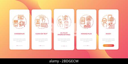 Choix tarifaire et achat d'un écran de page d'application mobile d'intégration avec des concepts. Instructions graphiques en 5 étapes pour l'activation des paramètres mobiles. INTERFACE UTILISATEUR Illustration de Vecteur