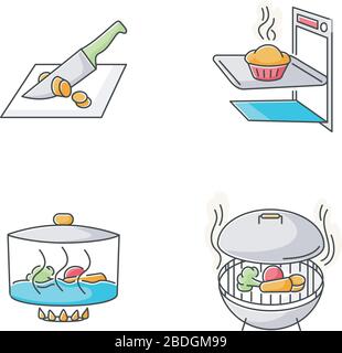 Méthodes de cuisson couleurs RVB définies. Diverses techniques culinaires, processus de préparation des aliments. Coupe, cuisson, rotation et cuisson vecteur isolé Illustration de Vecteur