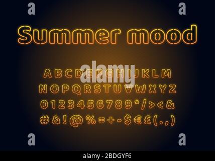Modèle de police lumière fluo d'ambiance d'été. Jeu d'alphabet vectoriel lumineux jaune. Lettres majuscules, chiffres et symboles lumineux avec effet brillant extérieur Illustration de Vecteur