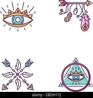 Symboles magiques couleurs RVB. Œil de providence, mystérieux talisman. Breloques en flèche et plumes de style boho. Consipiraterie et signes sorcellerie Illustration de Vecteur