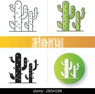 Jeu d'icônes des cactus. Plantes du désert. Cactus Saguaro. Arbre de poules comme succulent. Fleurs sauvages épineuses de la zone aride américaine. Couleur linéaire, noire et RVB Illustration de Vecteur