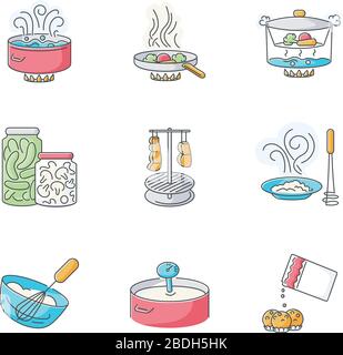 Préparation des aliments jeu d'icônes de couleur RVB. Différentes techniques de cuisson, processus de fabrication de repas. Divers ingrédients et ustensiles de cuisine vecteur isolé Illustration de Vecteur