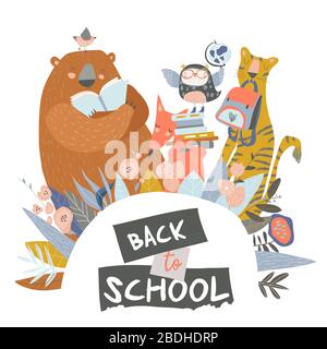 Animaux mignons avec équipement scolaire. Retour à l'école Illustration de Vecteur