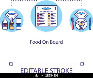 Icône de concept de nourriture à bord. Alimentation en avion, illustration de la ligne fine de l'idée de service de compagnie aérienne. Menu repas et boissons pour les passagers. Vecteur Illustration de Vecteur