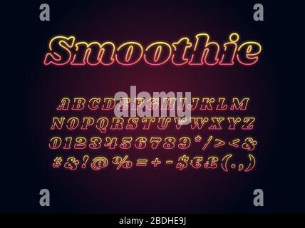 Modèle de police de lumière fluo smoothie. Jeu d'alphabet vectoriel lumineux jaune. Lettres majuscules, chiffres et symboles lumineux avec effet brillant extérieur Illustration de Vecteur