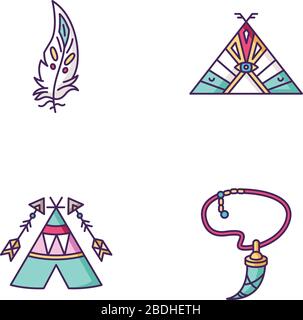 Accessoires indiens natifs couleurs RVB jeu d'icônes. Tipi en chef de tribu. Collier avec dent, plume d'aigle. Wigwam avec flèches et ethniques Illustration de Vecteur