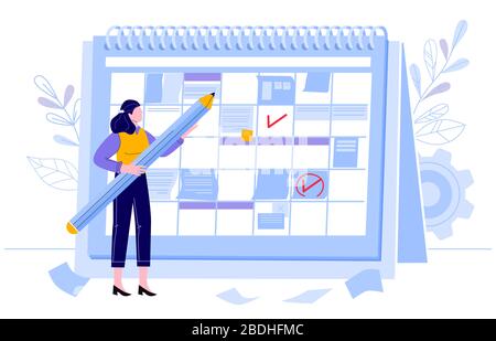 Calendrier de vérification des femmes d'affaires. Planification jour, mois de travail projets planificateur et vérifier les calendriers des événements. Caractère femelle avec illustration vectorielle crayon Illustration de Vecteur
