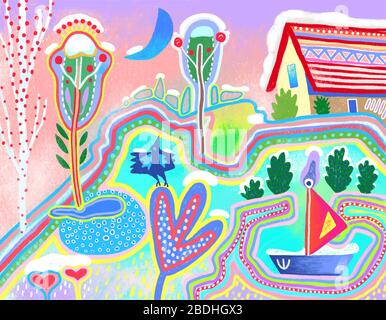 art numérique contemporain original du paysage de village d'hiver, peinture aux couleurs vives Illustration de Vecteur