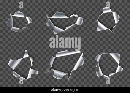 Trou en métal. Acier déchiré, trous de métaux déchiquetés et fissures dans un ensemble vectoriel réaliste en 3 dimensions. Des espaces métalliques fracturés isolés sur Illustration de Vecteur