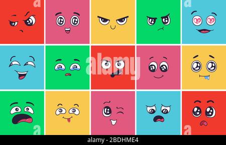 Expressions de face de dessin animé. Visages surprenants, ambiance en colère et illustration vectorielle de tête de caniche. Des émoticônes joyeuses, déçues et rieuses Illustration de Vecteur