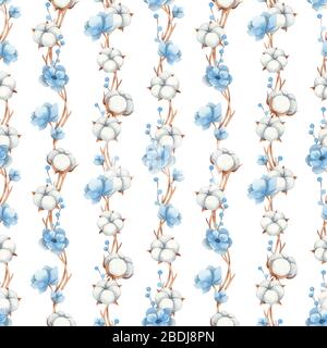 Motif aquarelle sans couture de fleurs de coton, fleurs d'anémone bleues et brindilles, isolé sur un fond blanc Banque D'Images