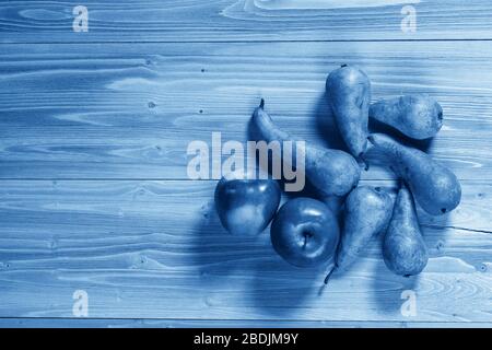 Plusieurs poires mûres juteuses de la variété de conférence anglaise et deux pommes rouges se trouvent sur une table en bois bleu texturé. Bricoler en bleu classique, espace pour Banque D'Images