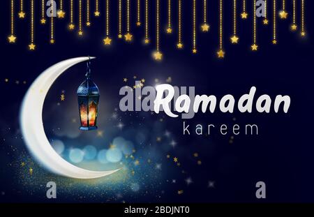 Bannière d'arrière-plan Ramadan Kareem. Cartes de vœux islamiques pour les vacances musulmanes et le Ramadan. Bannière bleu foncé avec lune et lanterne. Banque D'Images