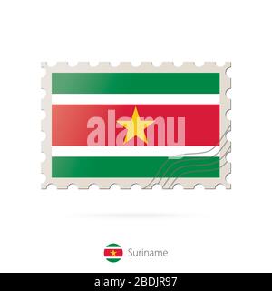 Timbre-poste avec l'image du drapeau du Suriname. Suriname Drapeau Postage sur fond blanc avec ombre. Illustration vectorielle. Illustration de Vecteur