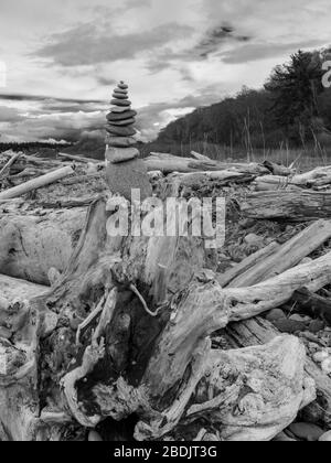 Un cairn se tient le long d'un sentier de plage sur l'île de Whidbey Banque D'Images