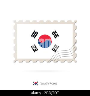Timbre-poste avec l'image du drapeau de la Corée du Sud. Corée du Sud Drapeau Postage sur fond blanc avec ombre. Illustration vectorielle. Illustration de Vecteur