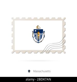 Timbre-poste avec l'image de l'indicateur d'état du Massachusetts. Drapeau du Massachusetts Postage sur fond blanc avec ombre. Illustration vectorielle. Illustration de Vecteur