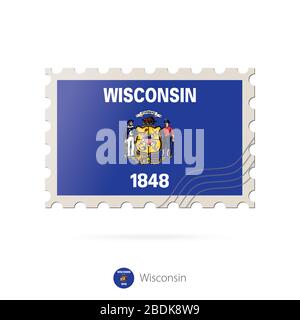 Timbre-poste avec l'image du drapeau de l'état du Wisconsin. Wisconsin Flag Postage sur fond blanc avec ombre. Illustration vectorielle. Illustration de Vecteur