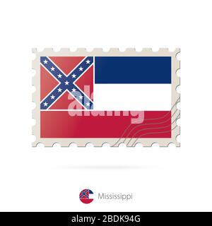 Timbre-poste avec l'image du drapeau de l'État du Mississippi. Mississippi Drapeau Postage sur fond blanc avec ombre. Illustration vectorielle. Illustration de Vecteur