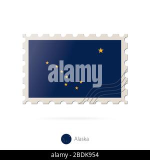 Timbre-poste avec l'image du drapeau de l'État de l'Alaska. Alaska Drapeau Postage sur fond blanc avec ombre. Illustration vectorielle. Illustration de Vecteur