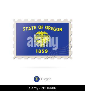 Timbre-poste avec l'image de l'indicateur d'état de l'Oregon. Oregon Drapeau Postage sur fond blanc avec ombre. Illustration vectorielle. Illustration de Vecteur