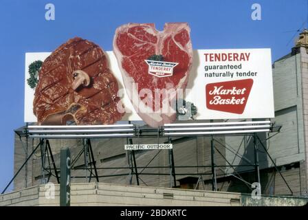 Panneaux peints à la main pour les super marchés de paniers de marché steaks de boeuf de Tenderay à Los Angeles, CA Banque D'Images