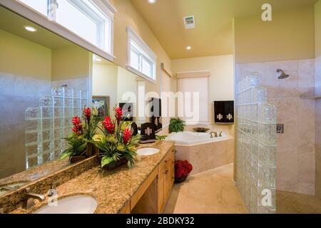 Salle de bains principale avec baignoire profonde de maison de luxe (propriété libérée) à Hawaï Banque D'Images