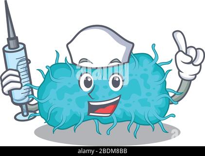 Une belle infirmière de bactéries prokaryote mascotte concept de conception avec une seringue Illustration de Vecteur