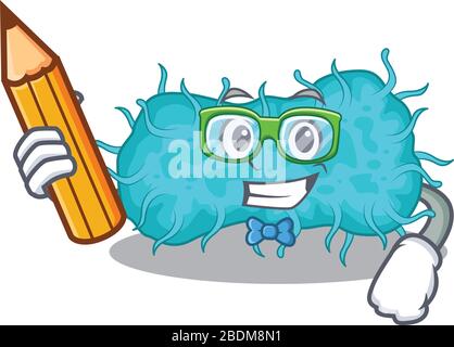 Un personnage de dessin animé prokaryote de bactéries pour étudiants en brainie avec crayon et lunettes Illustration de Vecteur