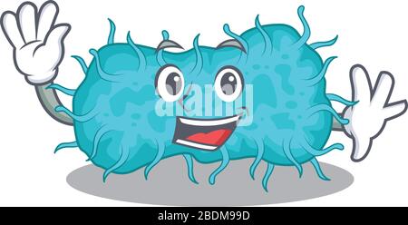 Une bactérie charismatique prokaryote mascotte design style sourire et la main agaite Illustration de Vecteur
