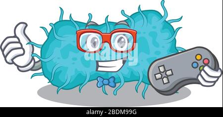 Concept de conception de mascotte de gamer prokaryote de bactéries utilisant le contrôleur Illustration de Vecteur