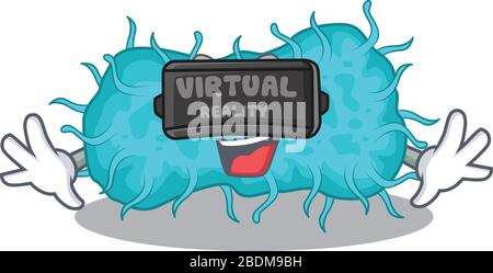 Style de dessin animé de bactéries prokaryote avec casque moderne de réalité virtuelle Illustration de Vecteur