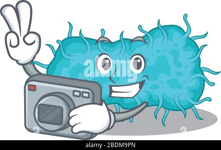 motif mascotte prokaryote bactérienne en tant que photographe professionnel travaillant avec l'appareil photo Illustration de Vecteur