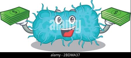 Un personnage riche de prokaryote de caricature de bactéries ayant de l'argent sur les mains Illustration de Vecteur