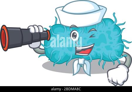 Une icône de dessin animé de bactéries prokaryote Sailor avec binoculaire Illustration de Vecteur