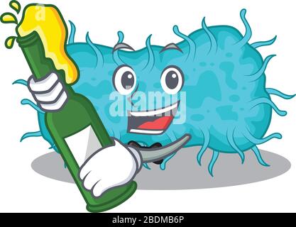 Mascotte personnage de la bactérie prokaryote dire santé avec bouteille de bière Illustration de Vecteur
