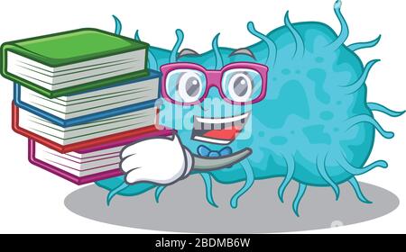 Un étudiant diligent dans le concept de conception de mascotte prokaryote de bactéries avec des livres Illustration de Vecteur