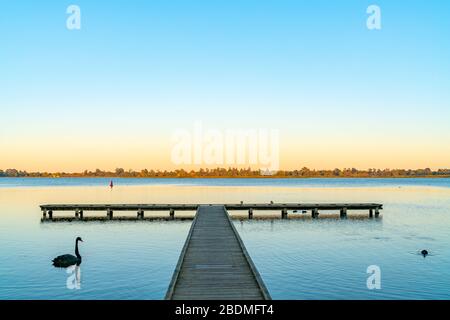 Jetée en forme de T au bord du lac calme Wendouree juste avant le lever du soleil Ballarat, Australie. Banque D'Images