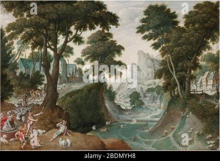 Hans bol - paysage montagneux avec le retour de Jacob de Canaan. Banque D'Images