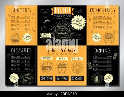 Modèle de carte Burger Bar - menu de table (hamburgers, frites, desserts, boissons) - format A 3 (420 x 297 mm) Illustration de Vecteur