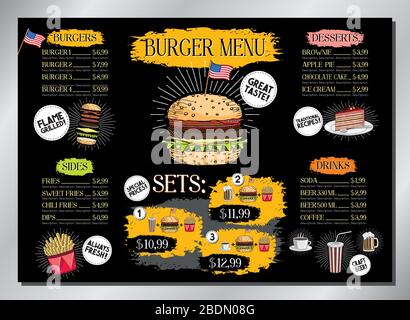 Modèle de carte Burger Bar - menu de table (hamburgers, frites, desserts, boissons, jeux) - format A 3 (420 x 297 mm) Illustration de Vecteur