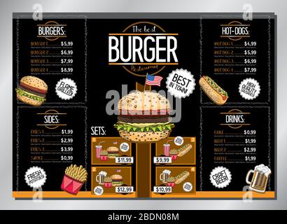 Modèle de carte de restaurant Burger - menu de table (hamburgers, frites, hot-dogs, boissons, jeux) - format   (420 x 297 mm) Illustration de Vecteur