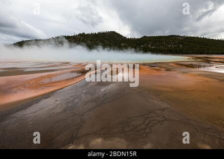 Grand Printemps prismatique dans le parc national de Yellowstone une journée d'automne pluvieuse, les couleurs des tapis de bactéries montrent les caractéristiques dramatiques de Yellowstone. Banque D'Images