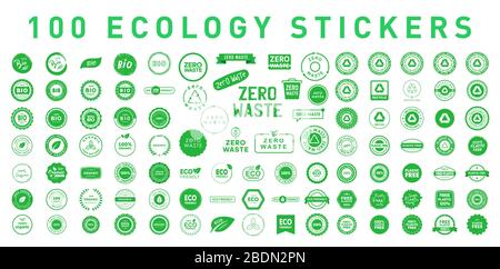 Jeu de 100 badges, autocollants, symboles et emblèmes écologiques. Protection de l'environnement. Illustration du stock vectoriel. SPE 10. Illustration de Vecteur