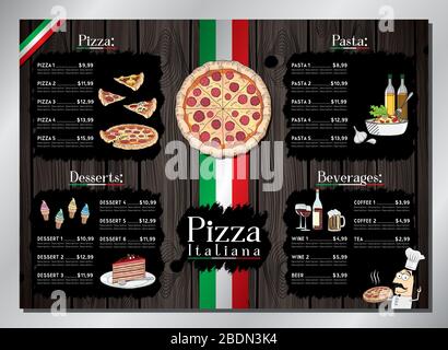 Modèle de carte de restaurant pour pizza - menu de table (pizza, pâtes, desserts, boissons) - format A 3 (420 x 297 mm) Illustration de Vecteur