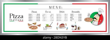 Modèle de menu du restaurant italien de pizza - liste de prix/bannière (pizzas, pâtes, desserts, boissons) - 200 x 60 cm Illustration de Vecteur
