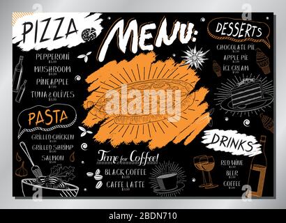 Menu de table à pizza vintage (pizza, pâtes, desserts, boissons) - taille A 3 (420 x 297 mm) Illustration de Vecteur