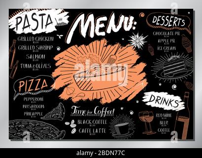 Menu de table de pâtes anciennes (pâtes, pizzas, desserts, boissons) - format A 3 (420 x 297 mm) Illustration de Vecteur