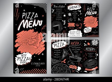 Modèle de menu pizza/pâtes d'époque (pizza, pâtes, desserts, boissons) - 3 x DL (3 x 99 x 210 mm) Illustration de Vecteur